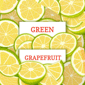 绿色 gfapefruit 水果背景上的两个白色长方形标签。矢量卡片插图。柑橘和热带绿柚水果片设计食品包装果汁早餐排毒饮食, 果