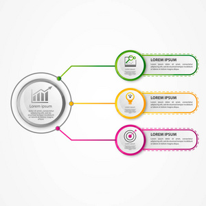 现代矢量插画3d。一个圆形的信息模板, 在中心有三元素和一个圆圈。包含图标和文本。为业务演示图表设计, 具有3步骤