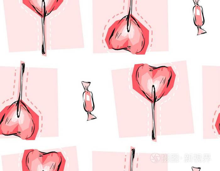 手绘矢量抽象质感情人节无缝模式与心形红棒糖和粉红色柔和的颜色在白色背景上分离的糖果。设计为商店, 婚礼