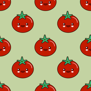 滑稽的蕃茄字符, 无缝图案设计为墙纸, 印刷品, 海报, 包装纸, 纺织品。纯素平面设计插图