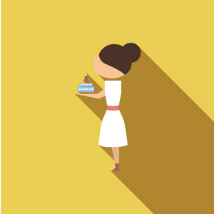 矢量插画卡通母亲与目前的蛋糕。孤立的白色背景。平面设计。妇女和蛋糕在3月8日
