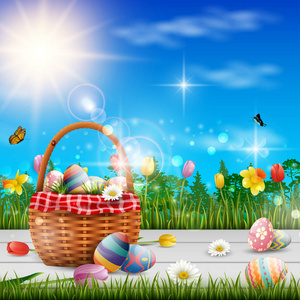 篮子里的复活节鸡蛋。 春假概念