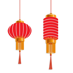 春节。红灯笼是圆形和圆柱形的。孤立插图