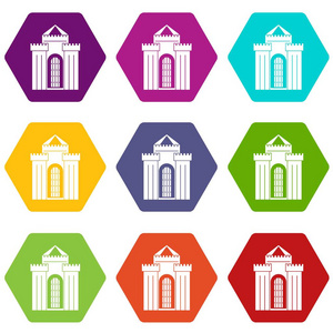 中世纪宫殿图标集颜色六面体