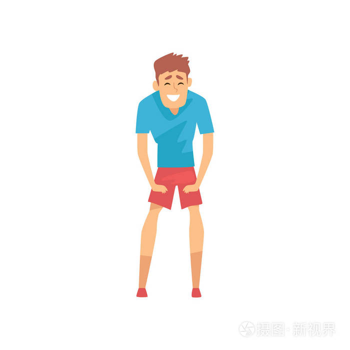 男子慢跑后休息, 双手扶着脚.面带笑容的成功男人卡通男主角的运动服.
