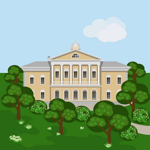 动画房子动画片富有的庄园房子或宫殿在绿色夏天风景照片