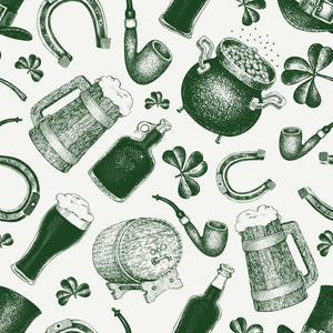 手绘矢量 seamles 图案与妖精的帽子, 三叶草, 啤酒杯, 桶, 金币锅为 St. 帕特里克天。爱尔兰复古插图