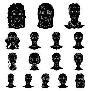头像和脸黑色图标集合中的设计。一个人外观矢量符号股票 web 插图