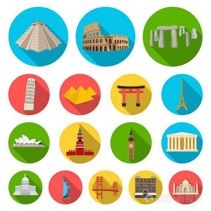 不同国家的景点平面图标集合中的设计.著名建筑矢量符号股票网站插图