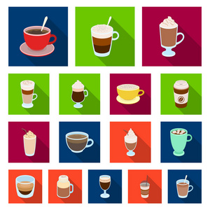 不同类型的咖啡平面图标集合中的设计。咖啡饮料矢量符号股票网页插图