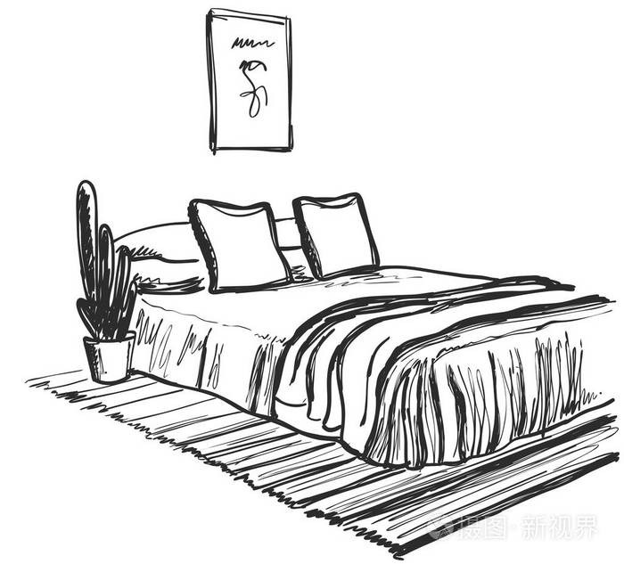 线性素描的内政.草绘线卧室.矢量图