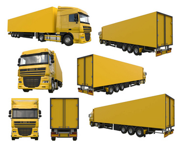 用半挂车设置大的黄色卡车。用于放置图形的模板。3d 渲染