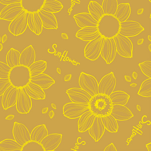 向日葵。 矢量手绘向日葵在黄色背景上的无缝图案。 很好的标签海报网页包装