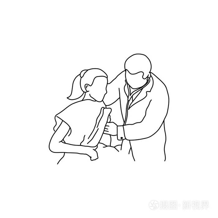 医生检查一个病人的胸部用手矢量插图轮廓素描手绘黑色线条在白色背景