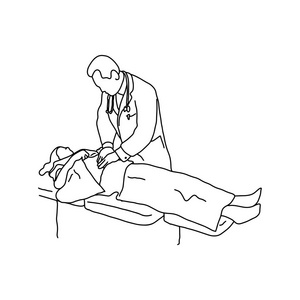 医生检查一个病人的胸部用手矢量插图轮廓素描手绘黑色线条在白色背景上隔离