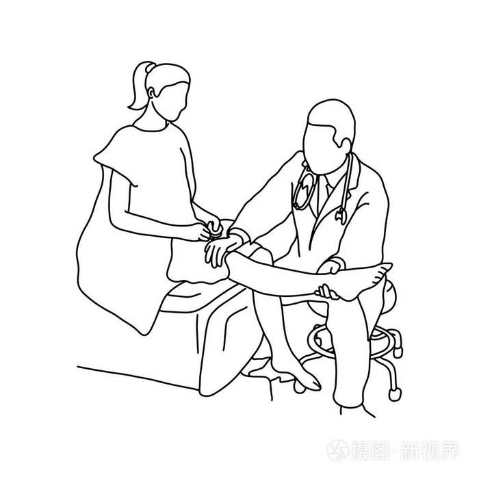 女性患者右膝关节的临床研究用手矢量插图轮廓素描手绘黑色线在白色