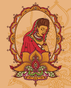 印度妇女的肖像，在传统的萨雷与美丽的框架，可以作为排比节日贺卡或作为旗帜的印度教宗教组织矢量插图。
