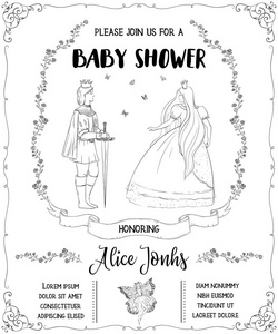 婴儿淋浴邀请王子公主仙女玫瑰和蝴蝶。 童话主题。 年份矢量插图