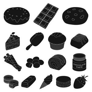 巧克力甜点黑色图标集合中的设计。巧克力和糖果矢量符号股票网页插图