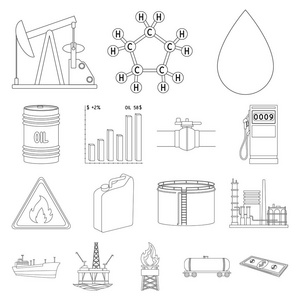 石油工业的轮廓图标集集合中的设计。设备与采油媒介符号股票网站插图