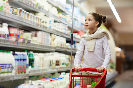 一幅美丽的小女孩在超市购物的画像，推着小推车和食物