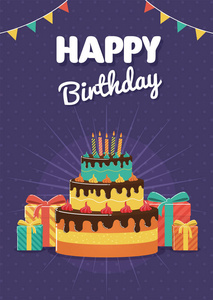 生日问候和邀请卡与生日蛋糕和礼品盒。