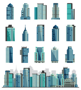 建筑摩天大楼或城市天际线矢量集城市景观与商业公司的商业 officebuilding 和建设建筑的高天空插图隔离白色背景