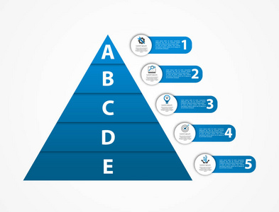 现代矢量插画3d。金字塔模板信息与五元素, 水平。包含图标和文本。专为商务演示网页设计图5步骤设计