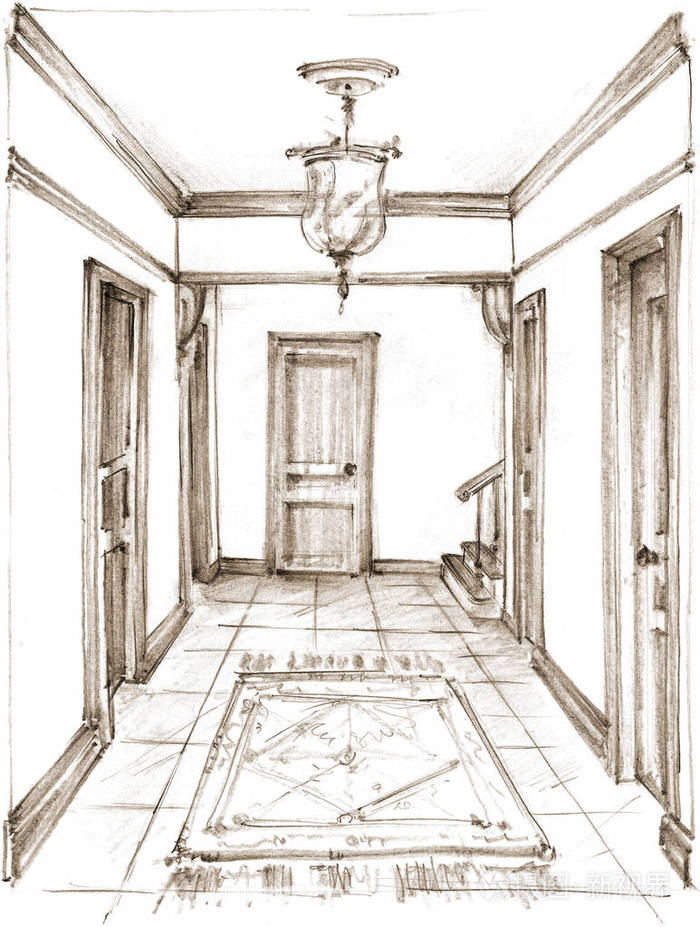 古典走廊内饰的铅笔画