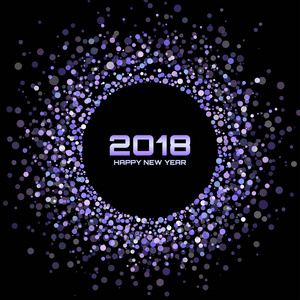 矢量快乐新年2018卡背景。紫罗兰色明亮的迪斯科灯半色调圈子框架。圆形边框使用蓝色五彩纸屑圆点纹理