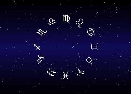 占星术和星座运势标志的黄道十二宫在夜晚天空和星星的黑夜里天空背景