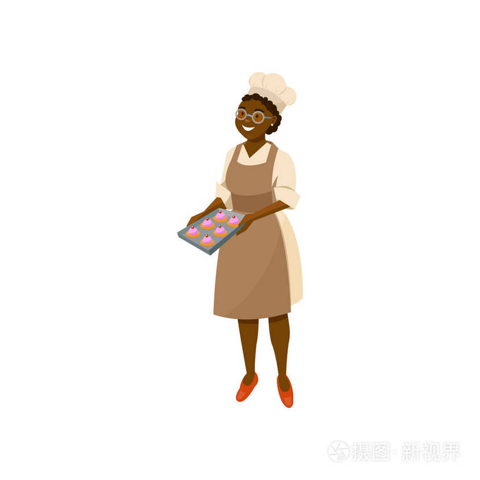 卡通夫人库克拿着新鲜出炉的蛋糕托盘.