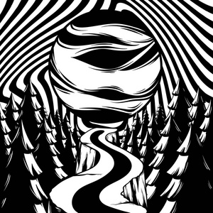 现实主义矢量手绘景观与行星空路,导致树木之间的恐惧和天空中的幻觉