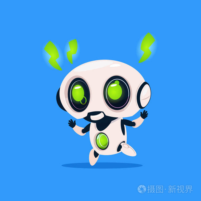 绿色闪电充电的逗人喜爱的机器人蓝色背景下的图标现代技术人工智能