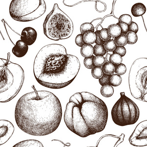 老式水果和浆果的背景。 手绘收获素描。 夏季或秋季无缝图案。 矢量插图