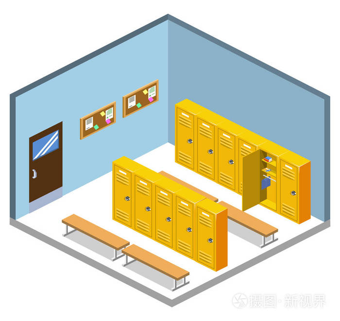 等距三维矢量图室内更衣室与学生