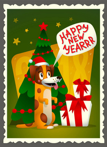 矢量快乐新年贺卡。复古风格的贺卡与可爱的狗, 节日的礼物和快乐的新年题词。黄色狗与圣诞老人红色帽子在绿色圣诞节背景