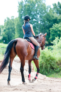 在森林里骑着马的年轻女士。培训过程
