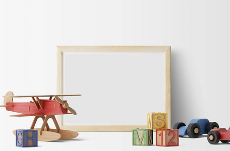 空相框与儿童木制玩具白色背景