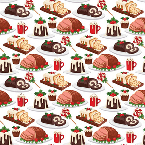 圣诞食品和甜点节日装饰圣诞节甜蜜庆祝矢量传统节日冬季蛋糕自制碟无缝模式背景