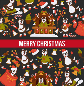 新年快乐2018卡通狗庆祝节日贺卡设计模板。 带有圣诞树装饰和圣诞礼物袋的矢量狗滑稽角色图标