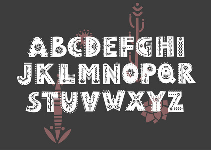 基于沙漠主题的民间装饰品装饰的矢量图案字母表。 在黑色背景上显示大写字体。