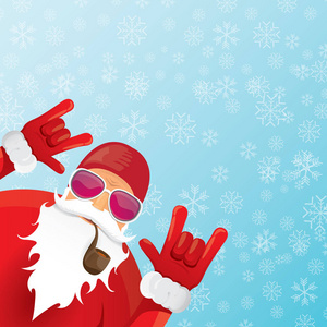 矢量 Dj 圣诞老人与吸烟管, 圣诞老人胡子和时髦的圣诞老人帽子上的蓝色背景与雪花。圣诞时髦海报为党或贺卡。矢量坏圣诞老人圣诞节