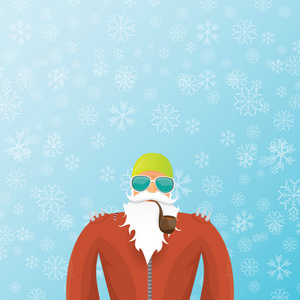 矢量 Dj 圣诞老人与吸烟管, 圣诞老人胡子和时髦的圣诞老人帽子上的蓝色背景与雪花。圣诞时髦海报为党或贺卡。矢量坏圣诞老人圣诞节
