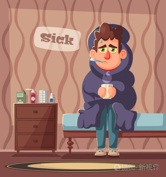 生病的人不开心的字符矢量卡通插画