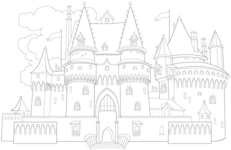 童话故事中的神奇中世纪宫殿. 儿童和成人工作表. 矢量图像.照片