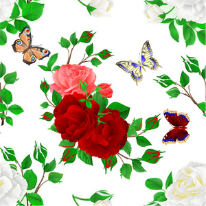 无缝质地花束，白色红色和粉红色玫瑰和蝴蝶，老式节日背景矢量插图，可编辑手绘