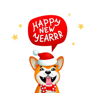 可爱的狗与新年题词。在蓝色的圣诞背景下, 带着圣诞老人红帽微笑的黄狗。秋田犬冬季节日问候的概念。年的标志2018