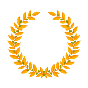 金子月桂树花圈。复古花圈纹章设计元素与花卉框架组成的月桂树枝与绿色浆果在白色背景。胜利者或勇气和精神的象征
