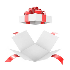 打开礼品盒, 带红色丝带弓的礼物盒